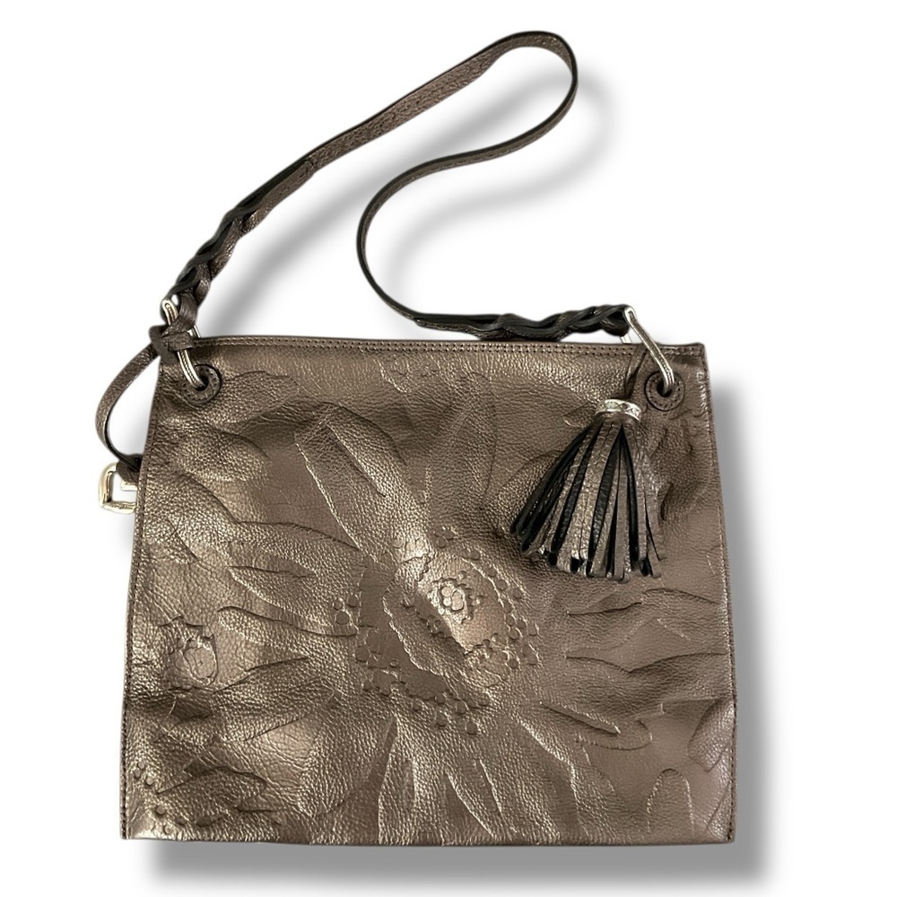 Brighton Bronze Metallic Leather Flower Embossed Tassel Pull Shoulder Bag